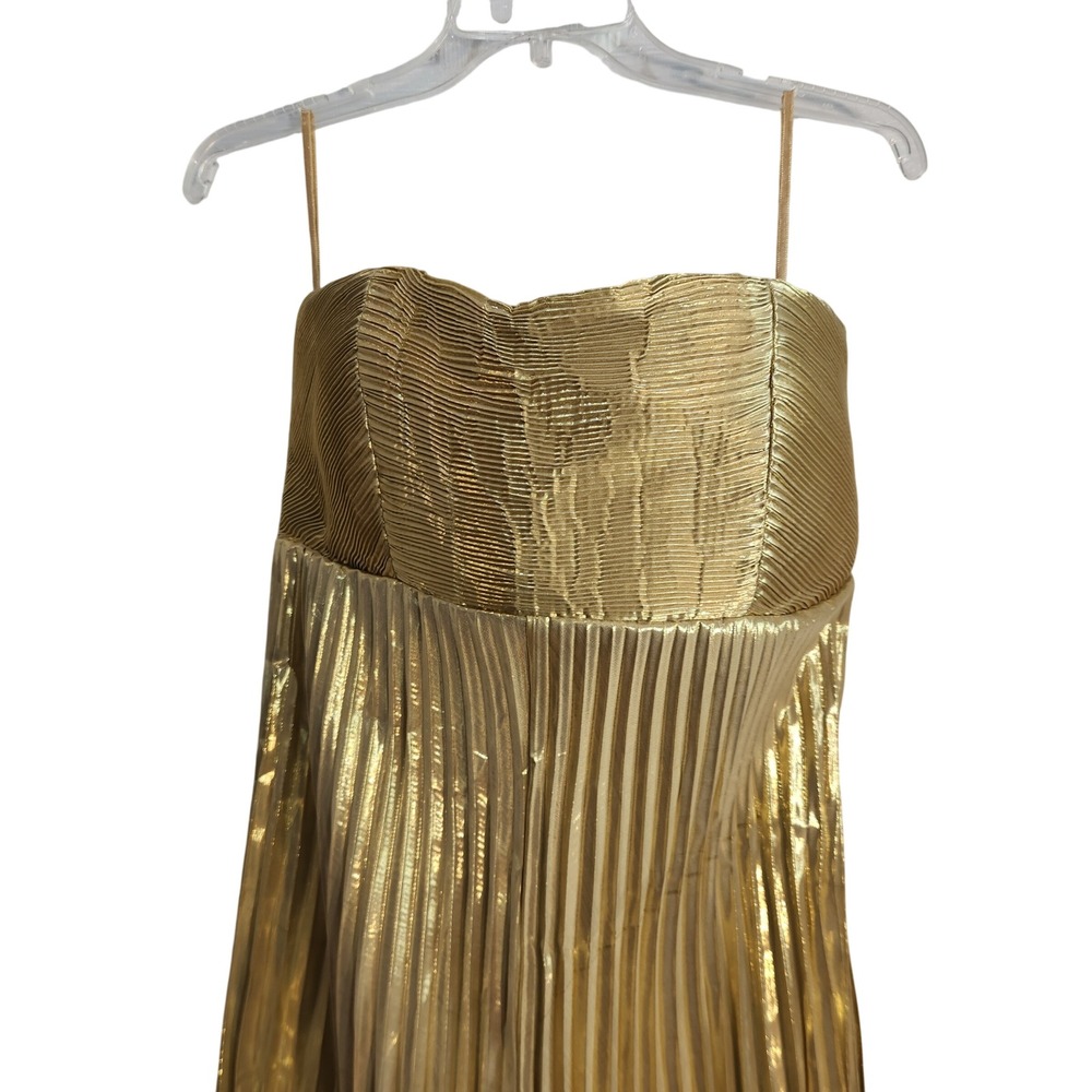 Let Me Be Gold Metallic Pleated Midi Dress Strapless Sweetheart Size M NWT